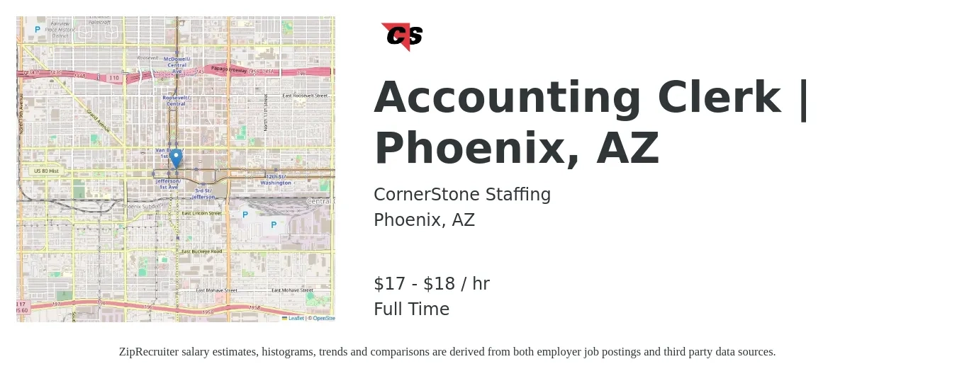 CornerStone Staffing job posting for a Accounting Clerk | Phoenix, AZ in Phoenix, AZ with a salary of $20 Hourly with a map of Phoenix location.