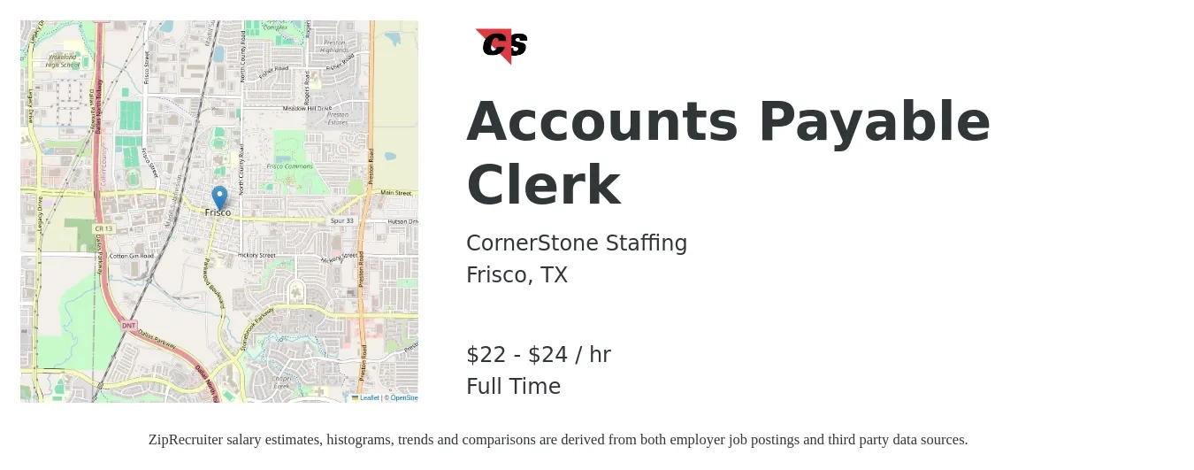 CornerStone Staffing job posting for a Accounts Payable Clerk in Frisco, TX with a salary of $23 to $25 Hourly with a map of Frisco location.