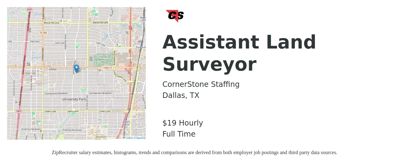 CornerStone Staffing job posting for a Assistant Land Surveyor in Dallas, TX with a salary of $20 Hourly with a map of Dallas location.