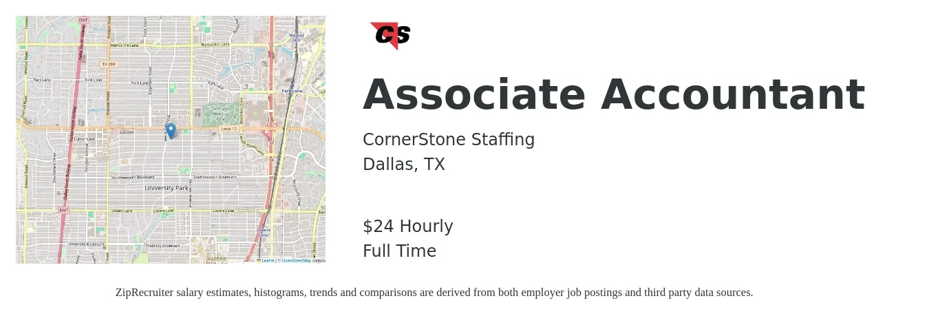 CornerStone Staffing job posting for a Associate Accountant in Dallas, TX with a salary of $25 Hourly with a map of Dallas location.