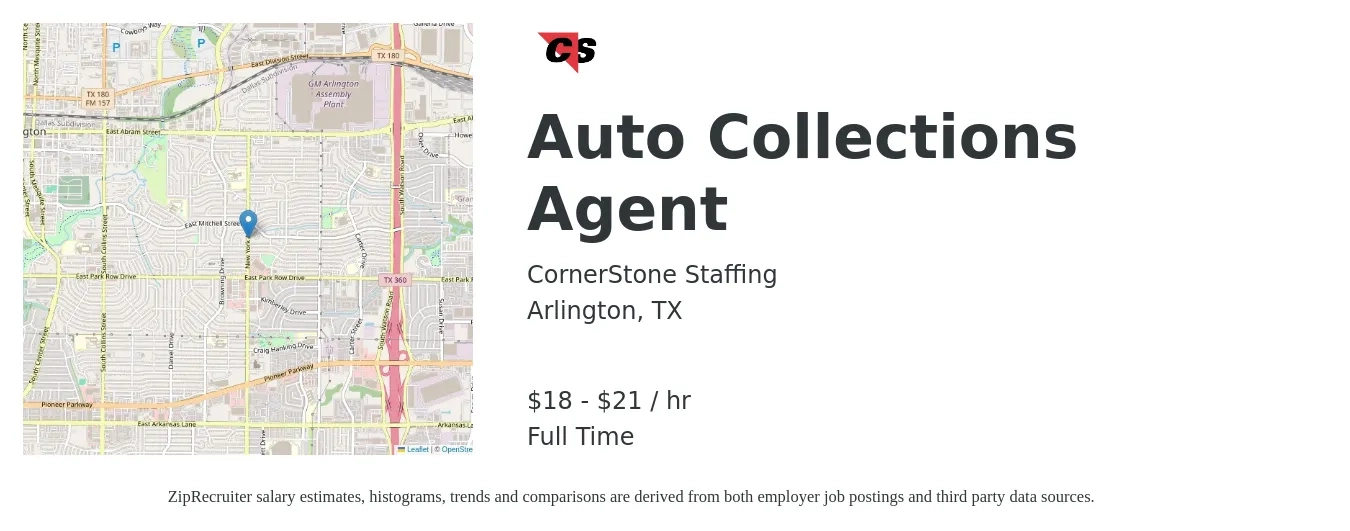 CornerStone Staffing job posting for a Auto Collections Agent in Arlington, TX with a salary of $19 to $22 Hourly with a map of Arlington location.