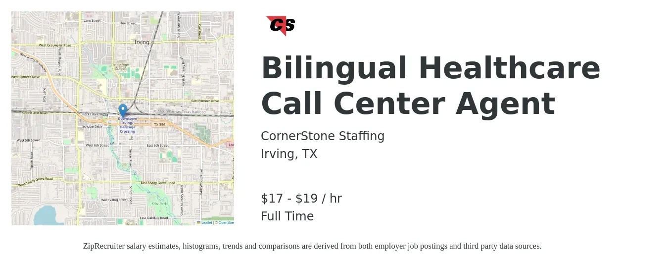 CornerStone Staffing job posting for a Bilingual Healthcare Call Center Agent in Irving, TX with a salary of $18 to $20 Hourly with a map of Irving location.