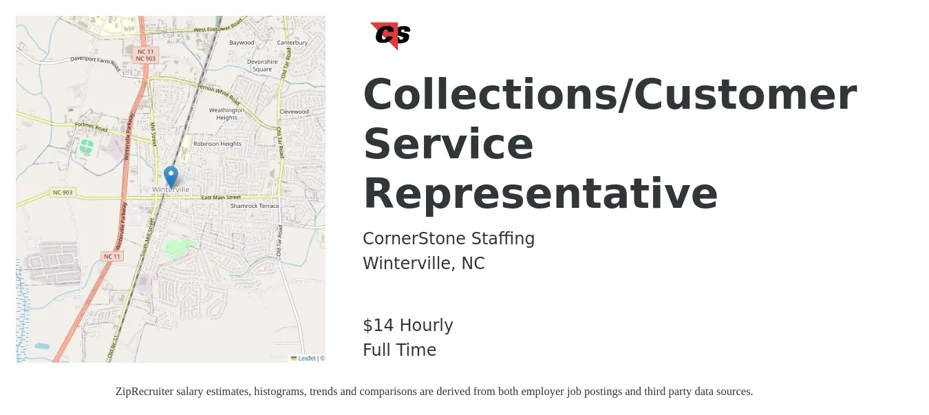 CornerStone Staffing job posting for a Collections/Customer Service Representative in Winterville, NC with a salary of $15 Hourly with a map of Winterville location.