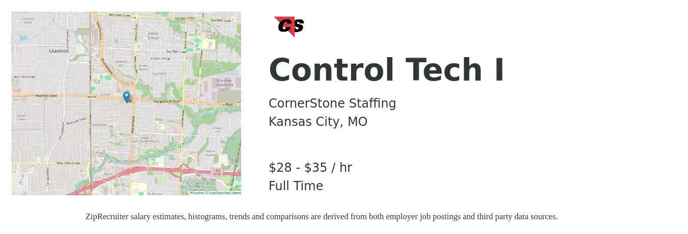 CornerStone Staffing job posting for a Control Tech I in Kansas City, MO with a salary of $30 to $37 Hourly with a map of Kansas City location.