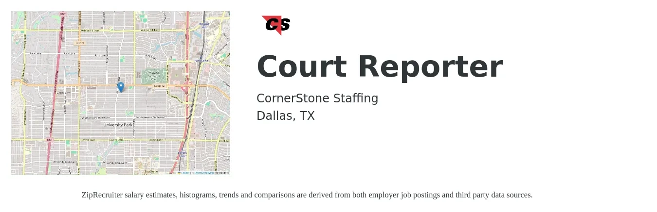 CornerStone Staffing job posting for a Court Reporter in Dallas, TX with a salary of $61,800 to $98,900 Yearly with a map of Dallas location.