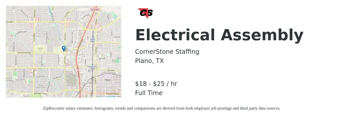 CornerStone Staffing job posting for a Electrical Assembly in Plano, TX with a salary of $19 to $27 Hourly with a map of Plano location.