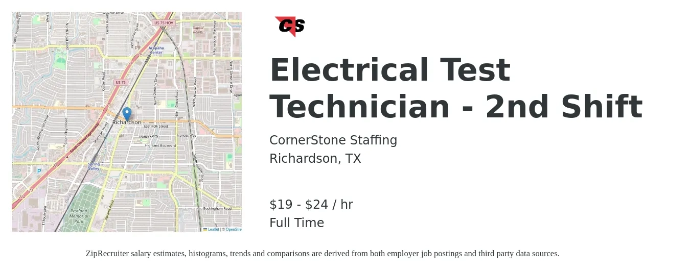 CornerStone Staffing job posting for a Electrical Test Technician - 2nd Shift in Richardson, TX with a salary of $20 to $25 Hourly with a map of Richardson location.