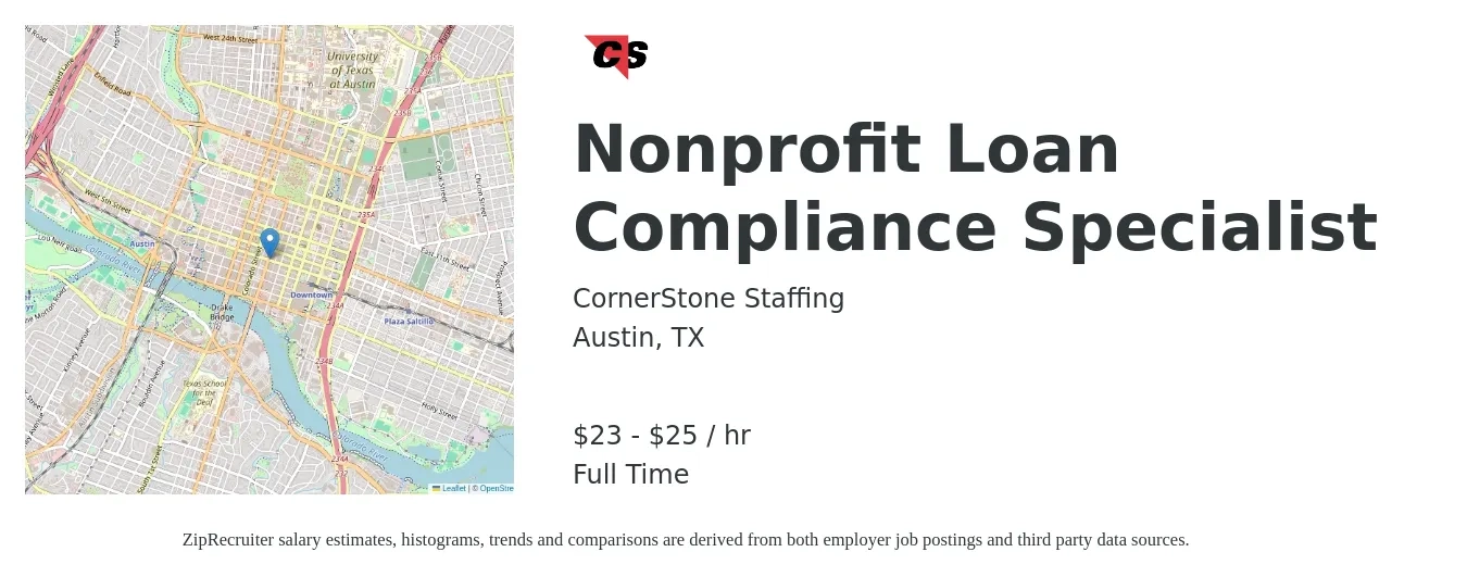 CornerStone Staffing job posting for a Nonprofit Loan Compliance Specialist in Austin, TX with a salary of $24 to $26 Hourly with a map of Austin location.