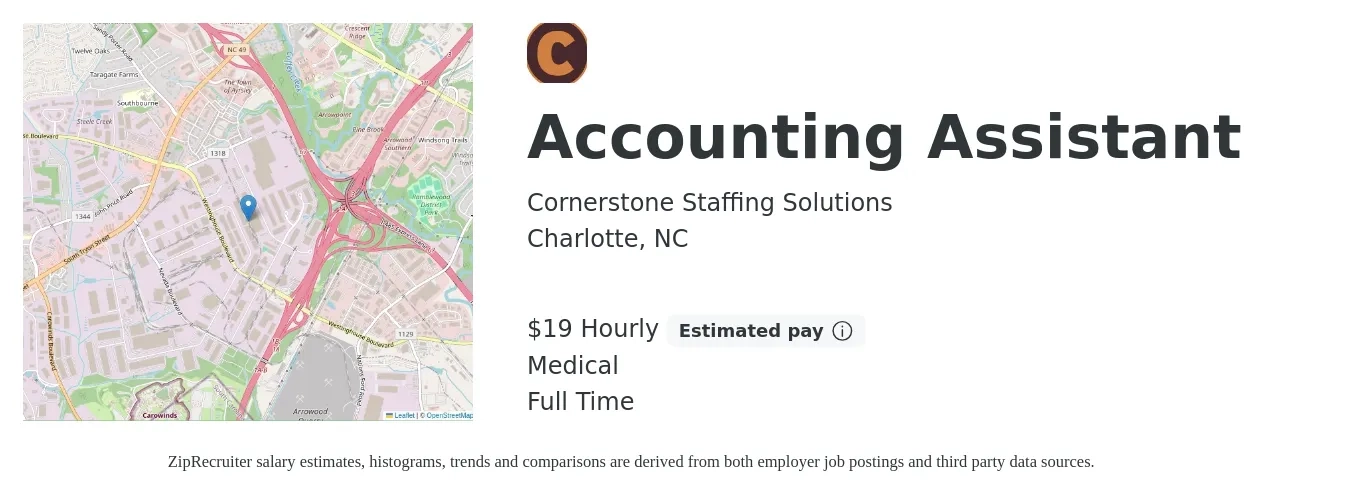Cornerstone Staffing Solutions job posting for a Accounting Assistant in Charlotte, NC with a salary of $20 Hourly and benefits including medical with a map of Charlotte location.