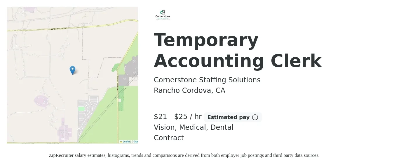 Cornerstone Staffing Solutions job posting for a Temporary Accounting Clerk in Rancho Cordova, CA with a salary of $22 to $26 Hourly and benefits including retirement, vision, dental, and medical with a map of Rancho Cordova location.