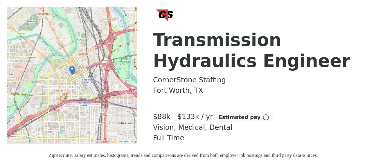 CornerStone Staffing job posting for a Transmission Hydraulics Engineer in Fort Worth, TX with a salary of $88,000 to $133,200 Yearly and benefits including medical, vision, and dental with a map of Fort Worth location.