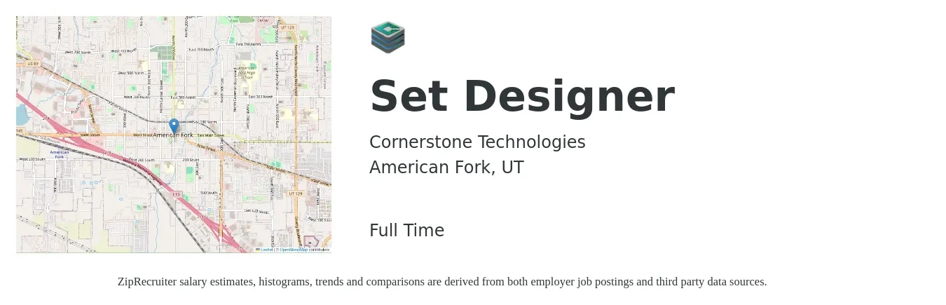 Cornerstone Technologies job posting for a Set Designer in American Fork, UT with a salary of $15 to $41 Hourly with a map of American Fork location.