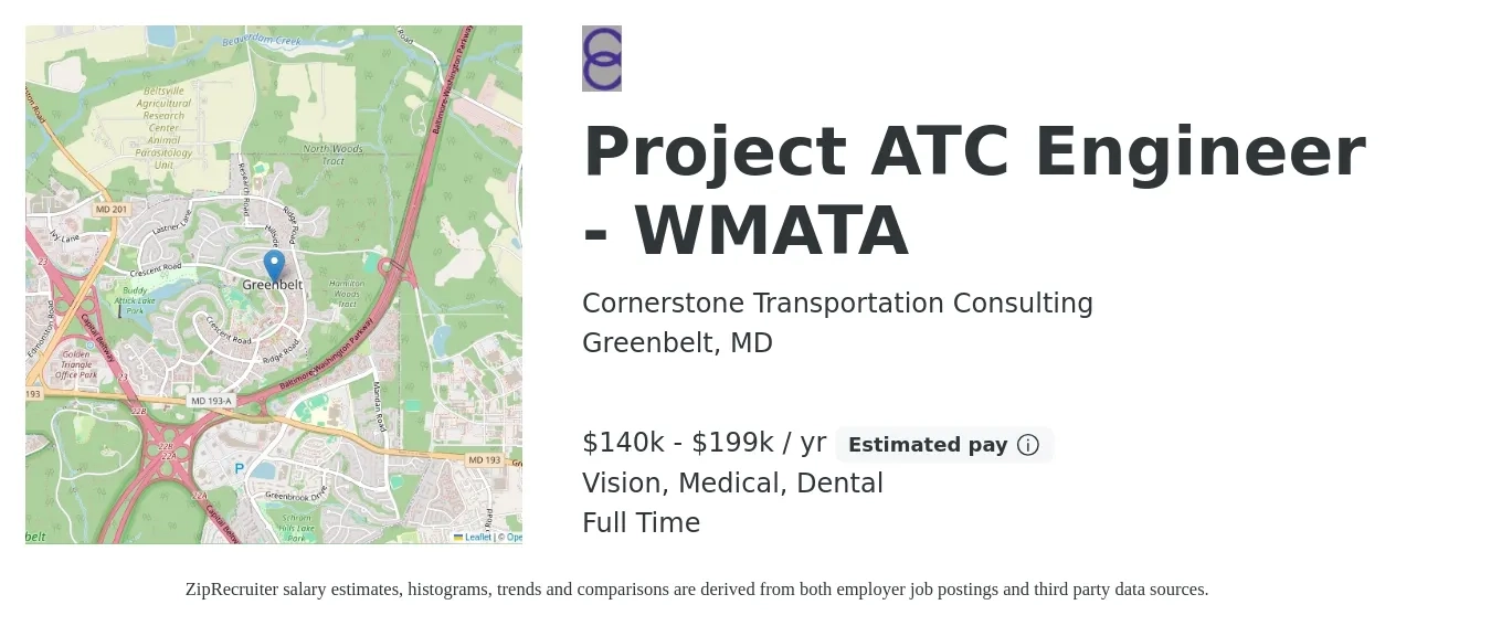 Cornerstone Transportation Consulting job posting for a Project ATC Engineer - WMATA in Greenbelt, MD with a salary of $140,000 to $199,000 Yearly and benefits including medical, retirement, vision, and dental with a map of Greenbelt location.