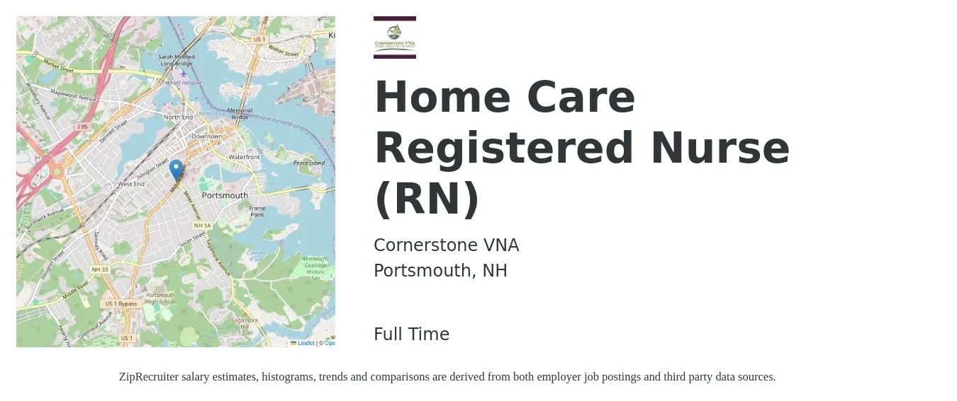 Cornerstone VNA job posting for a Home Care Registered Nurse (RN) in Portsmouth, NH with a salary of $36 to $55 Hourly with a map of Portsmouth location.