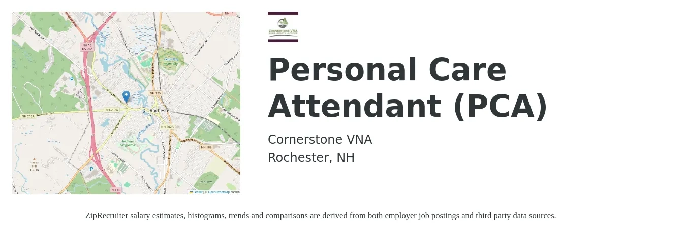 Cornerstone VNA job posting for a Personal Care Attendant (PCA) in Rochester, NH with a salary of $12 to $17 Hourly with a map of Rochester location.