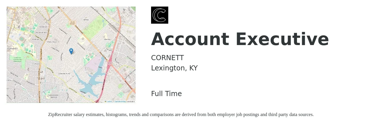 CORNETT job posting for a Account Executive in Lexington, KY with a salary of $47,200 to $83,000 Yearly with a map of Lexington location.