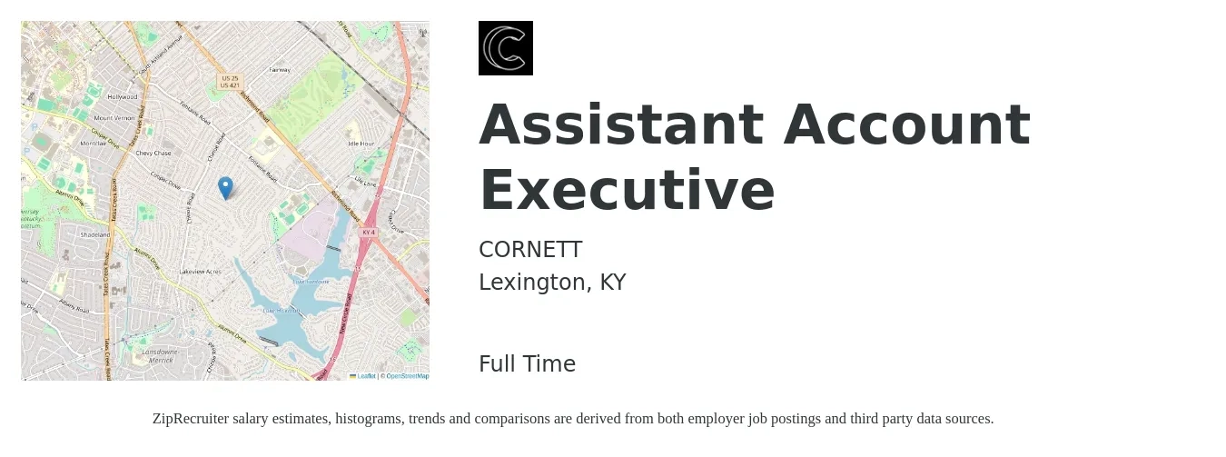CORNETT job posting for a Assistant Account Executive in Lexington, KY with a salary of $41,900 to $52,400 Yearly with a map of Lexington location.