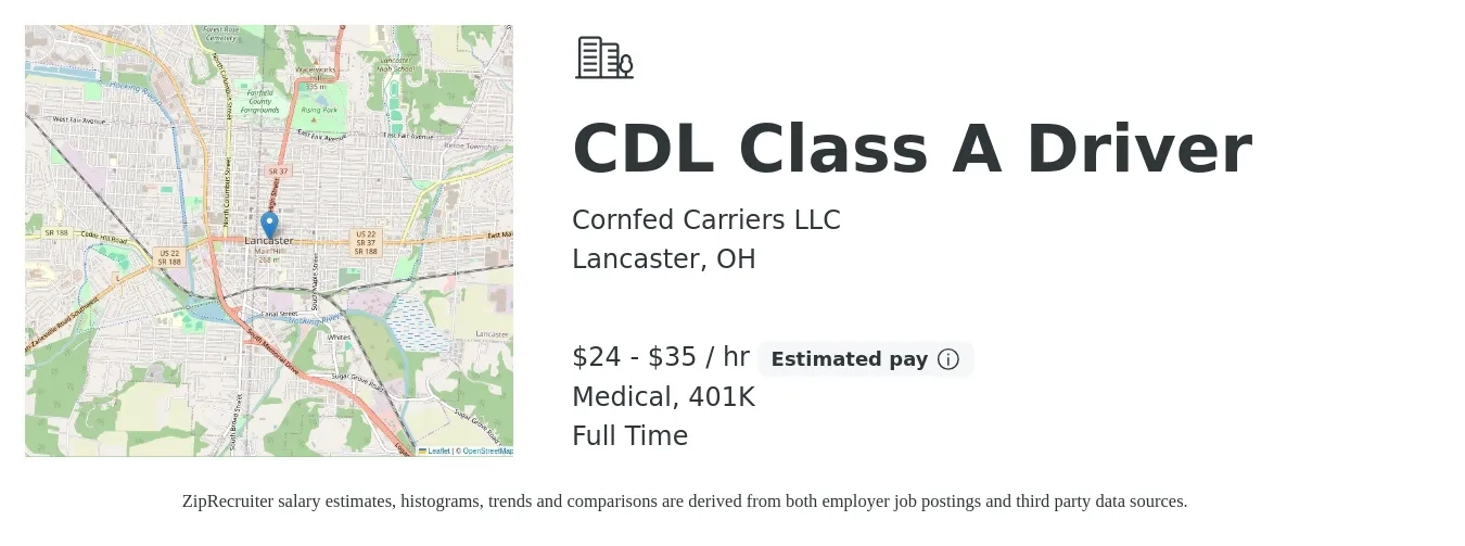 Cornfed Carriers LLC job posting for a CDL Class A Driver in Lancaster, OH with a salary of $25 to $37 Hourly and benefits including medical, and 401k with a map of Lancaster location.