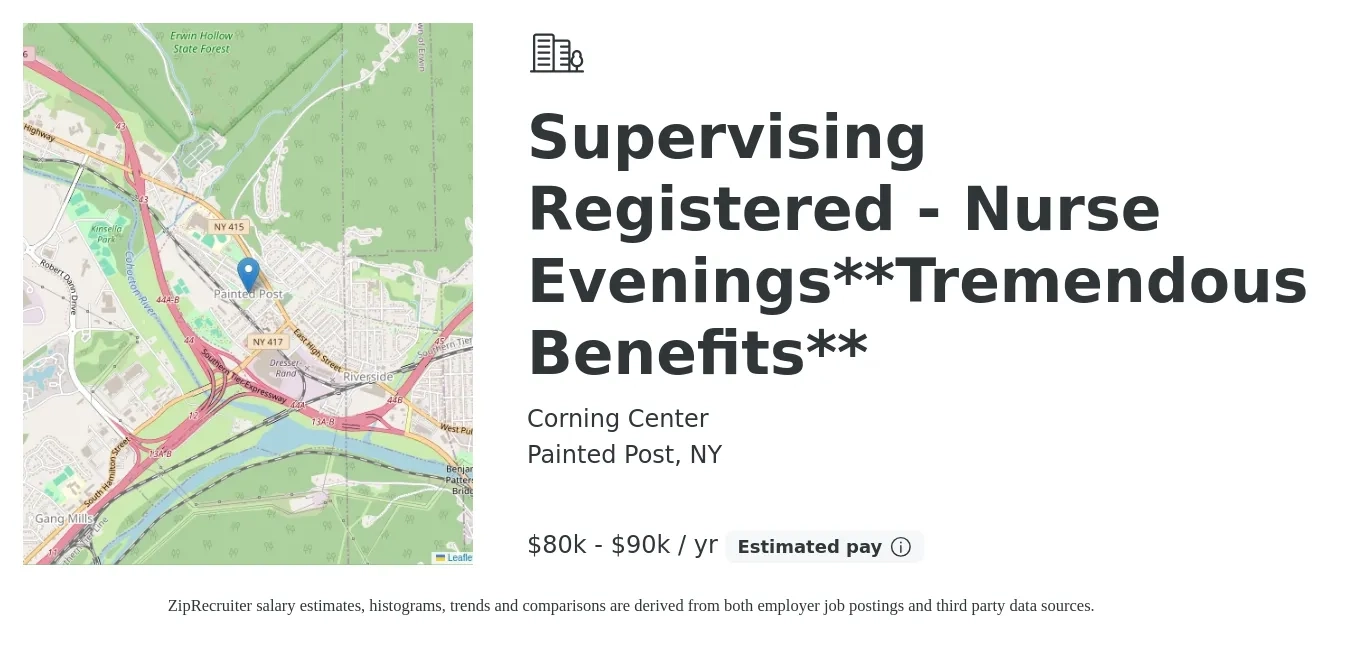 Corning Center job posting for a Supervising Registered - Nurse Evenings**Tremendous Benefits** in Painted Post, NY with a salary of $80,000 to $90,000 Yearly with a map of Painted Post location.