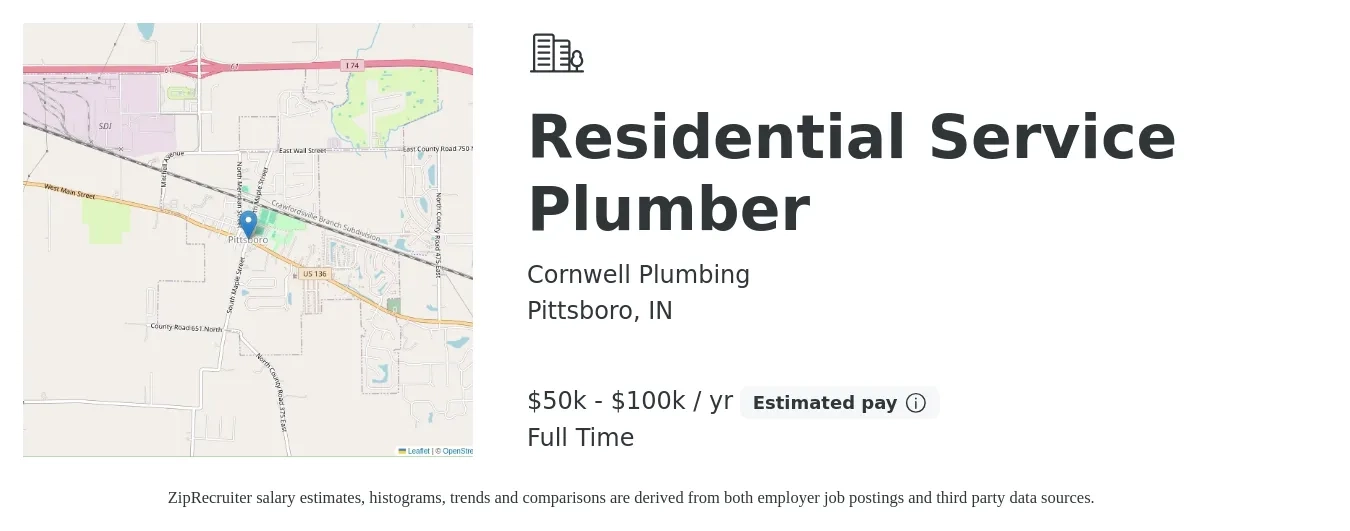 Cornwell Plumbing job posting for a Residential Service Plumber in Pittsboro, IN with a salary of $50,000 to $100,000 Yearly with a map of Pittsboro location.