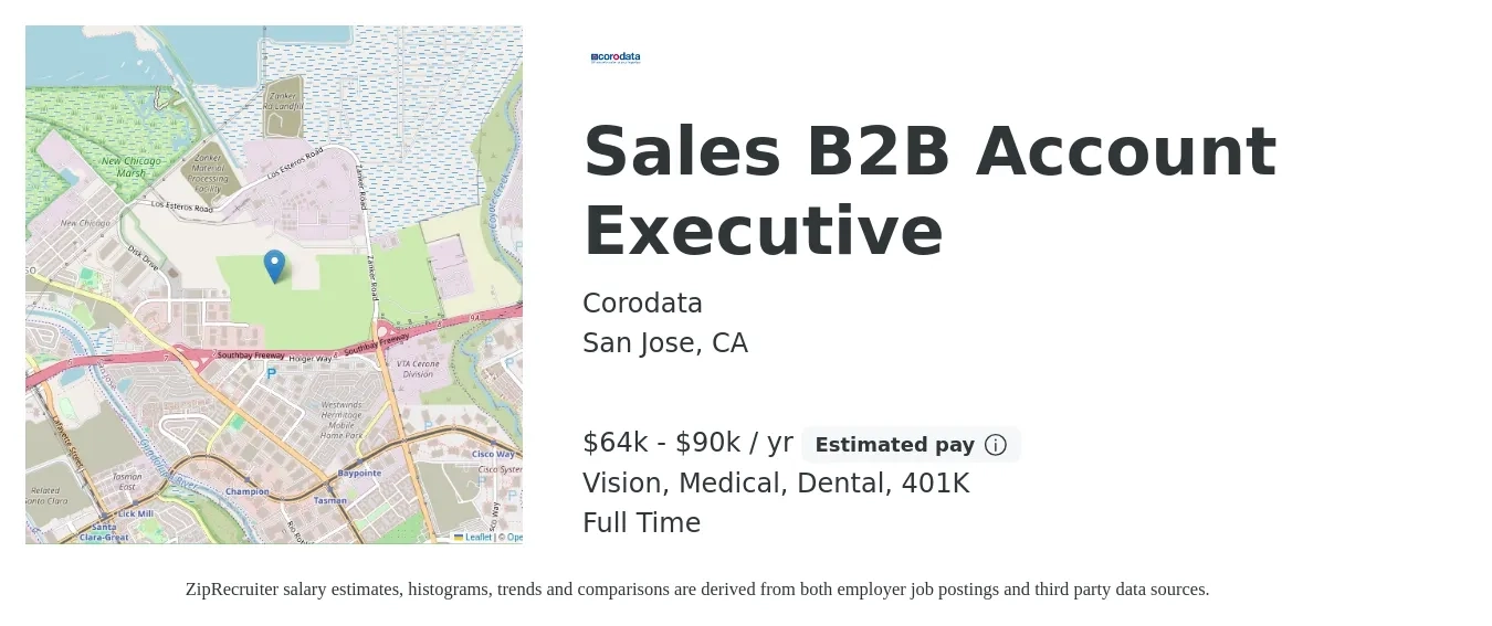 Corodata job posting for a Sales B2B Account Executive in San Jose, CA with a salary of $64,480 to $90,000 Yearly and benefits including medical, vision, 401k, dental, and life_insurance with a map of San Jose location.