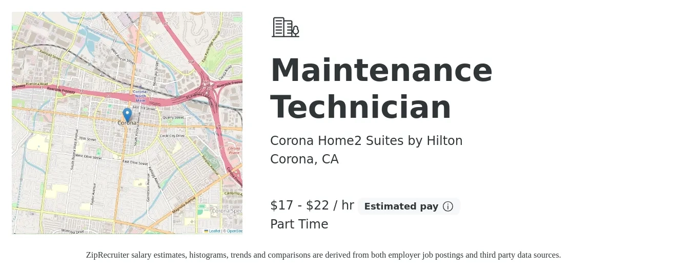 Corona Home2 Suites by Hilton job posting for a Maintenance Technician in Corona, CA with a salary of $18 to $23 Hourly with a map of Corona location.