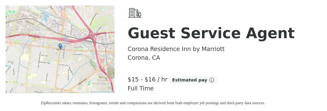 Corona Residence Inn by Marriott job posting for a Guest Service Agent in Corona, CA with a salary of $16 to $17 Hourly with a map of Corona location.