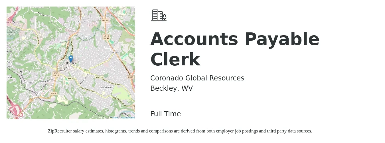 Coronado Global Resources job posting for a Accounts Payable Clerk in Beckley, WV with a salary of $19 to $24 Hourly with a map of Beckley location.