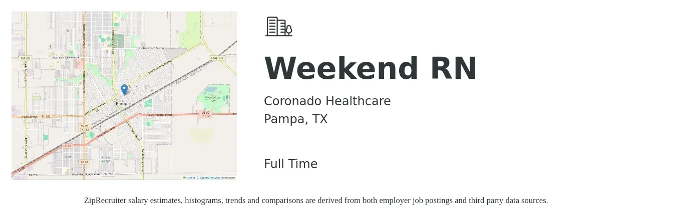 Coronado Healthcare job posting for a Weekend RN in Pampa, TX with a salary of $30 to $48 Hourly with a map of Pampa location.