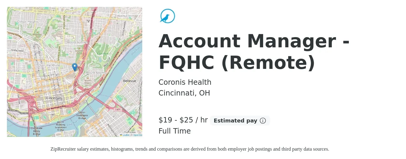 Coronis Health job posting for a Account Manager - FQHC (Remote) in Cincinnati, OH with a salary of $20 to $26 Hourly with a map of Cincinnati location.