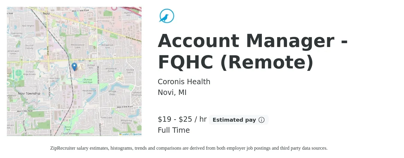 Coronis Health job posting for a Account Manager - FQHC (Remote) in Novi, MI with a salary of $20 to $26 Hourly with a map of Novi location.