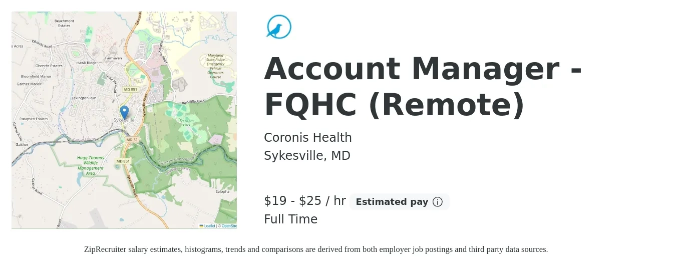 Coronis Health job posting for a Account Manager - FQHC (Remote) in Sykesville, MD with a salary of $20 to $26 Hourly with a map of Sykesville location.
