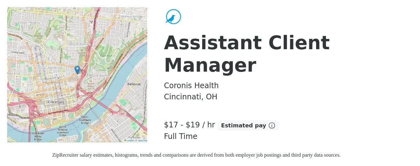Coronis Health job posting for a Assistant Client Manager in Cincinnati, OH with a salary of $18 to $20 Hourly with a map of Cincinnati location.