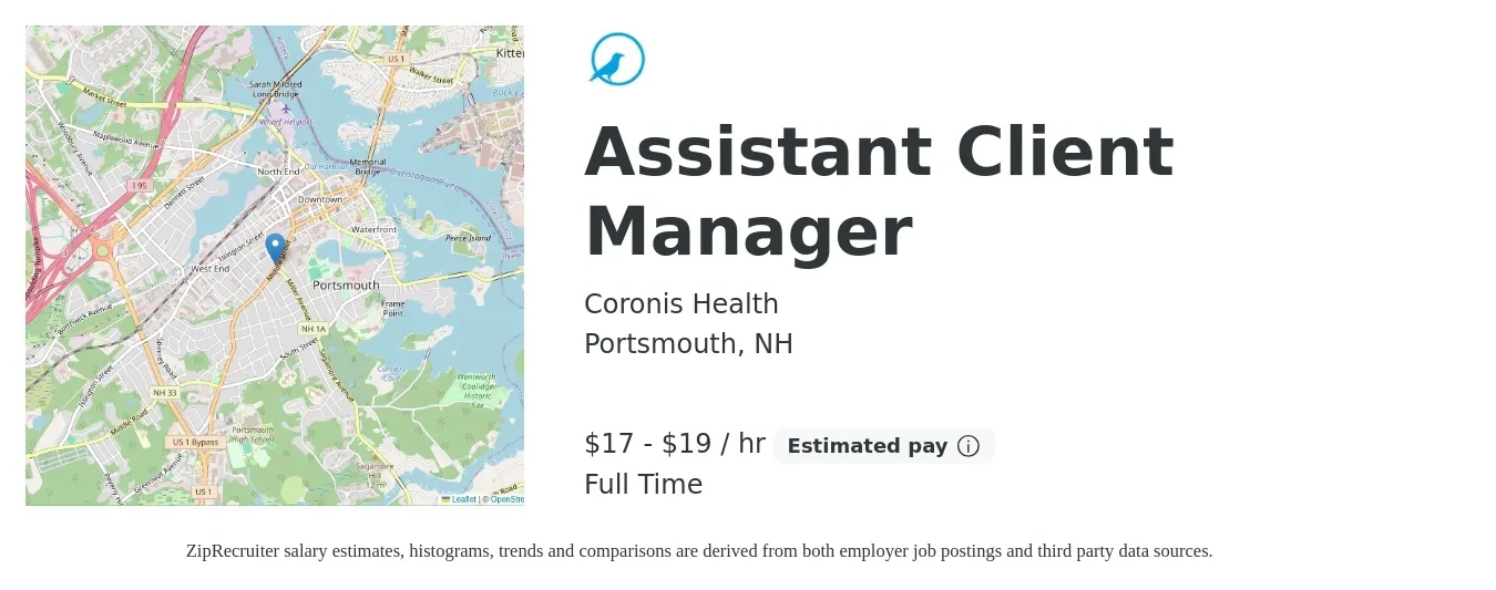 Coronis Health job posting for a Assistant Client Manager in Portsmouth, NH with a salary of $18 to $20 Hourly with a map of Portsmouth location.