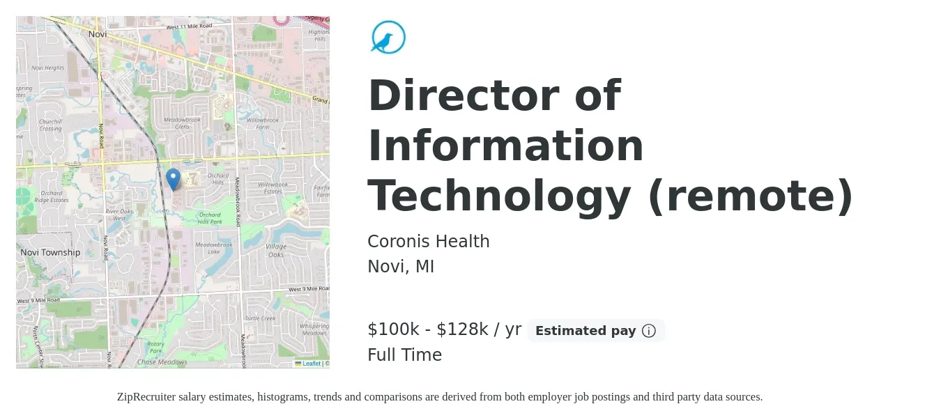 Coronis Health job posting for a Director of Information Technology (remote) in Novi, MI with a salary of $100,000 to $128,000 Yearly with a map of Novi location.