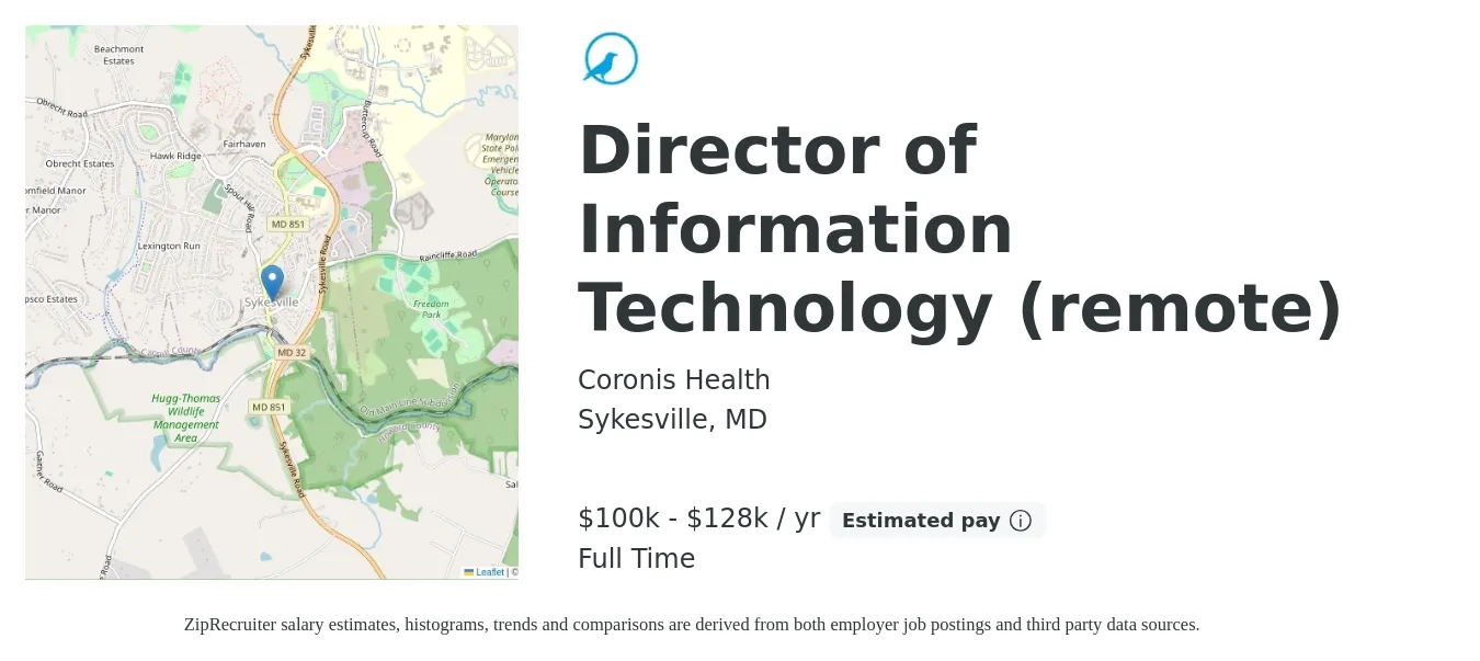 Coronis Health job posting for a Director of Information Technology (remote) in Sykesville, MD with a salary of $100,000 to $128,000 Yearly with a map of Sykesville location.
