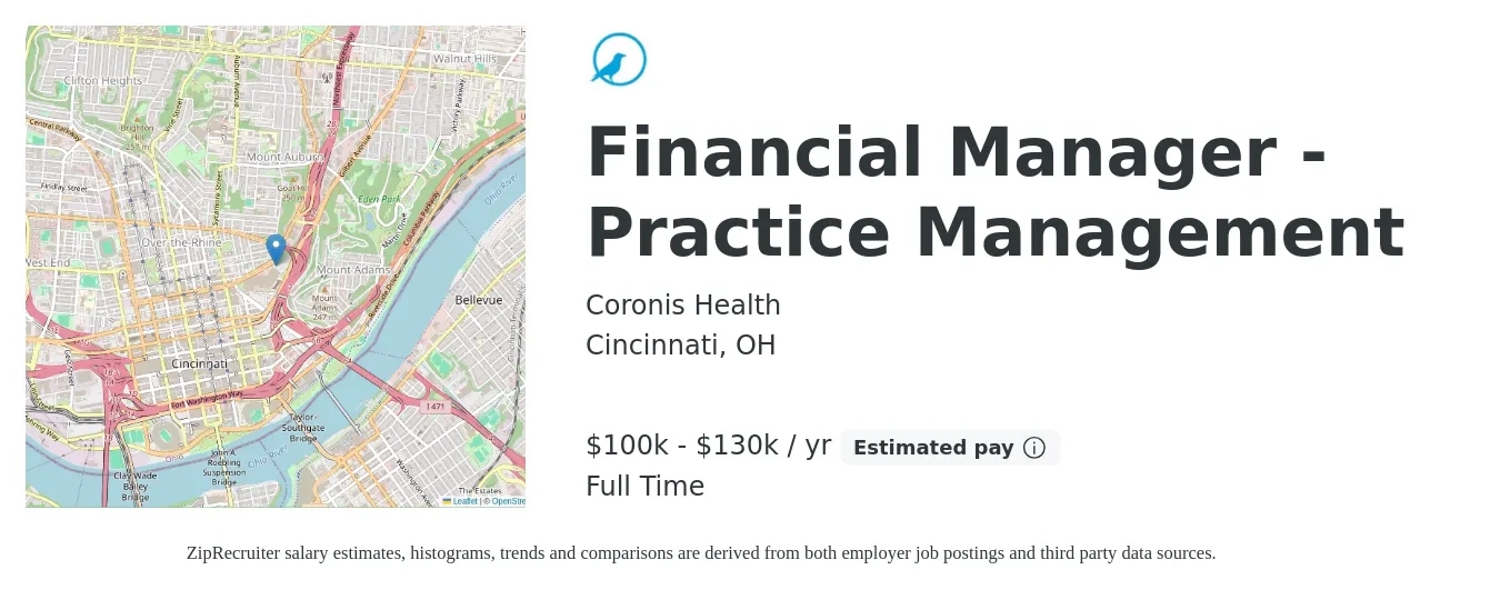 Coronis Health job posting for a Financial Manager - Practice Management in Cincinnati, OH with a salary of $100,000 to $130,000 Yearly with a map of Cincinnati location.