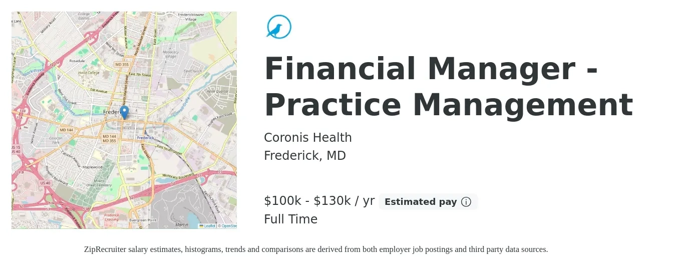 Coronis Health job posting for a Financial Manager - Practice Management in Frederick, MD with a salary of $100,000 to $130,000 Yearly with a map of Frederick location.