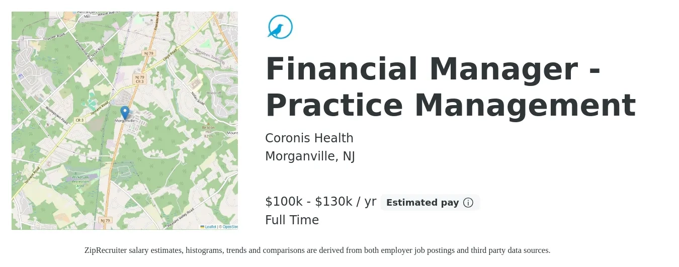Coronis Health job posting for a Financial Manager - Practice Management in Morganville, NJ with a salary of $100,000 to $130,000 Yearly with a map of Morganville location.