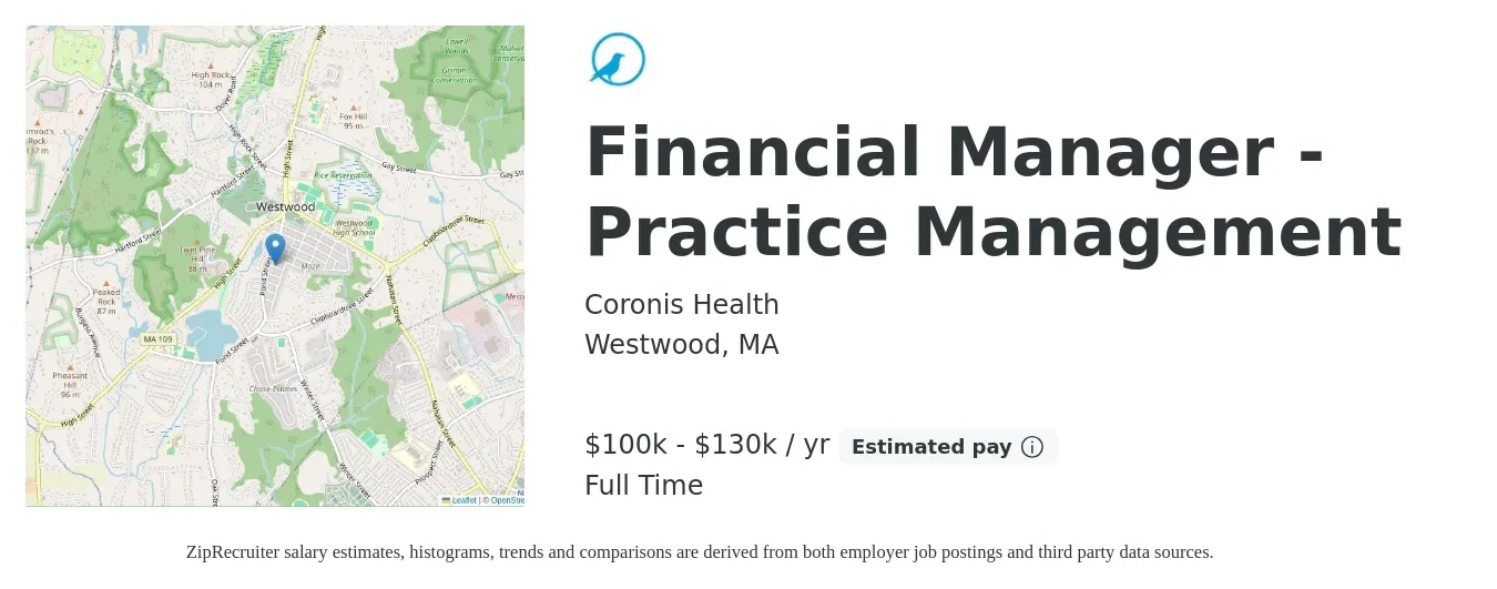 Coronis Health job posting for a Financial Manager - Practice Management in Westwood, MA with a salary of $100,000 to $130,000 Yearly with a map of Westwood location.