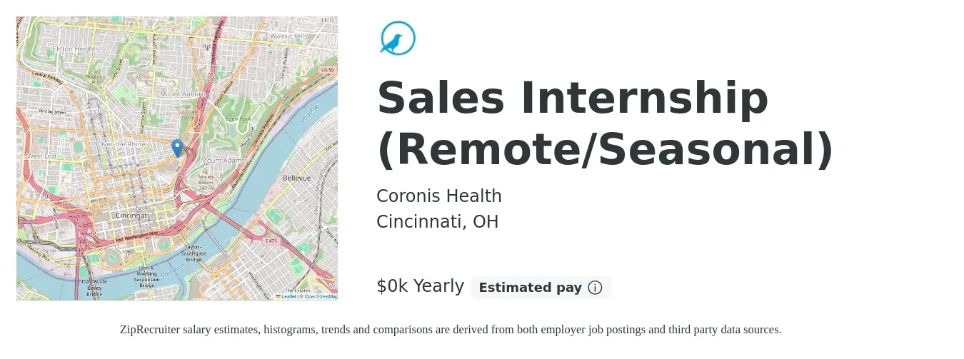 Coronis Health job posting for a Sales Internship (Remote/Seasonal) in Cincinnati, OH with a salary of $14 to $18 Yearly with a map of Cincinnati location.