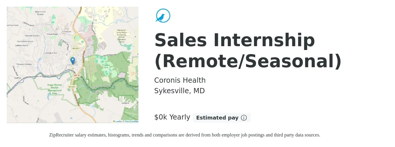 Coronis Health job posting for a Sales Internship (Remote/Seasonal) in Sykesville, MD with a salary of $14 to $18 Yearly with a map of Sykesville location.