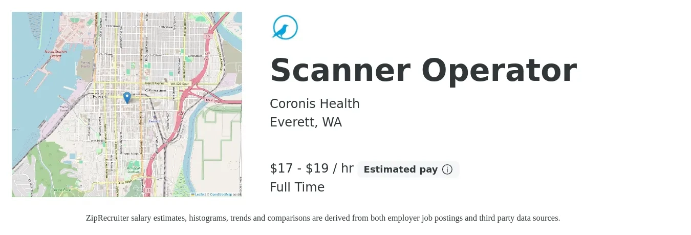 Coronis Health job posting for a Scanner Operator in Everett, WA with a salary of $18 to $20 Hourly with a map of Everett location.