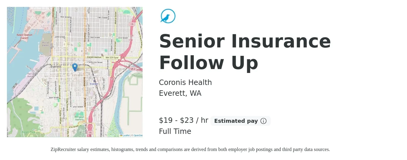 Coronis Health job posting for a Senior Insurance Follow Up in Everett, WA with a salary of $20 to $24 Hourly with a map of Everett location.