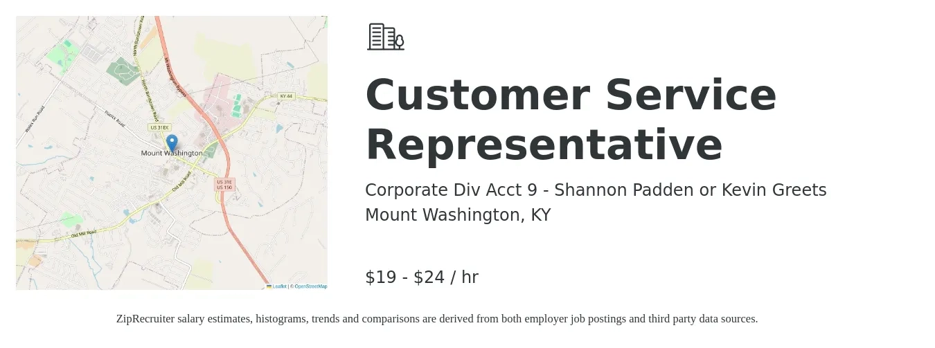 Corporate Div Acct 9 - Shannon Padden or Kevin Greets job posting for a Customer Service Representative in Mount Washington, KY with a salary of $20 to $25 Hourly with a map of Mount Washington location.