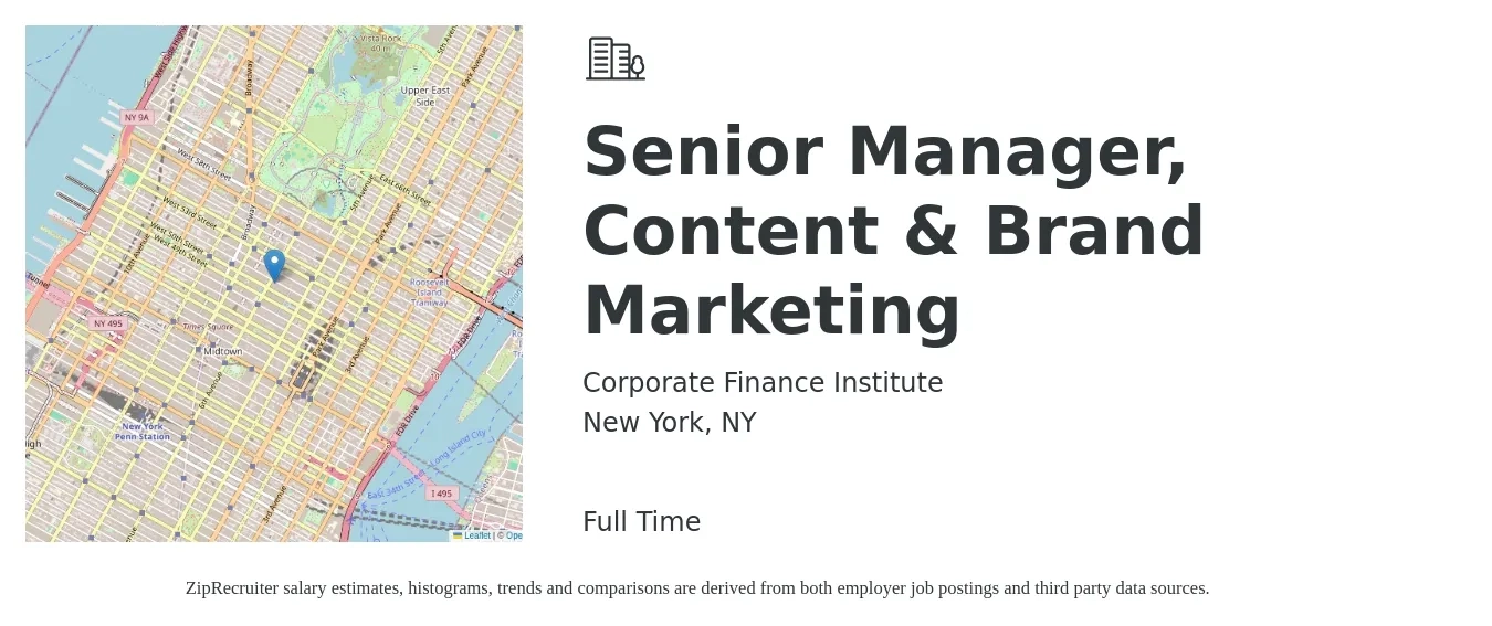 Corporate Finance Institute job posting for a Senior Manager, Content & Brand Marketing in New York, NY with a salary of $98,500 to $143,300 Yearly with a map of New York location.