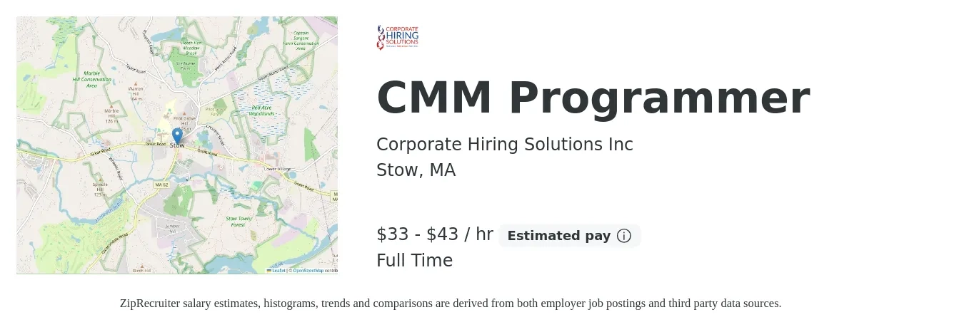 Corporate Hiring Solutions Inc job posting for a CMM Programmer in Stow, MA with a salary of $35 to $45 Hourly with a map of Stow location.