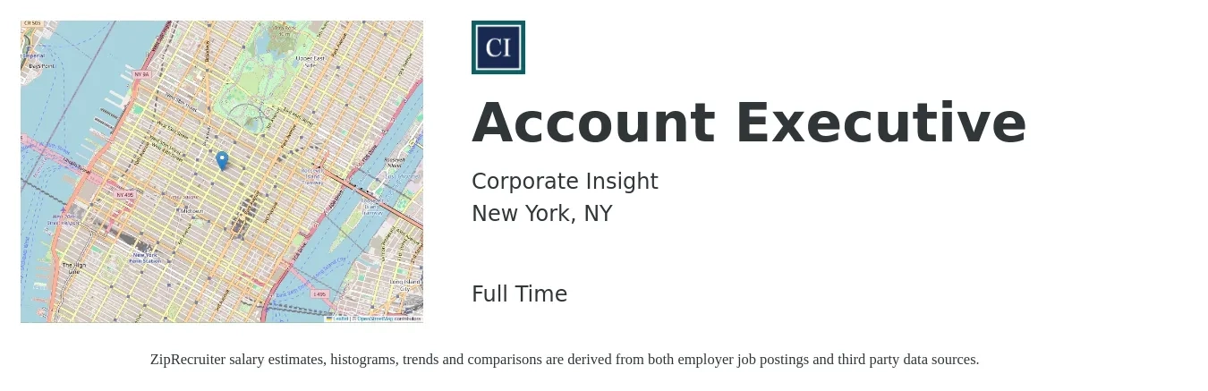 Corporate Insight job posting for a Account Executive in New York, NY with a salary of $85,000 to $125,000 Yearly with a map of New York location.