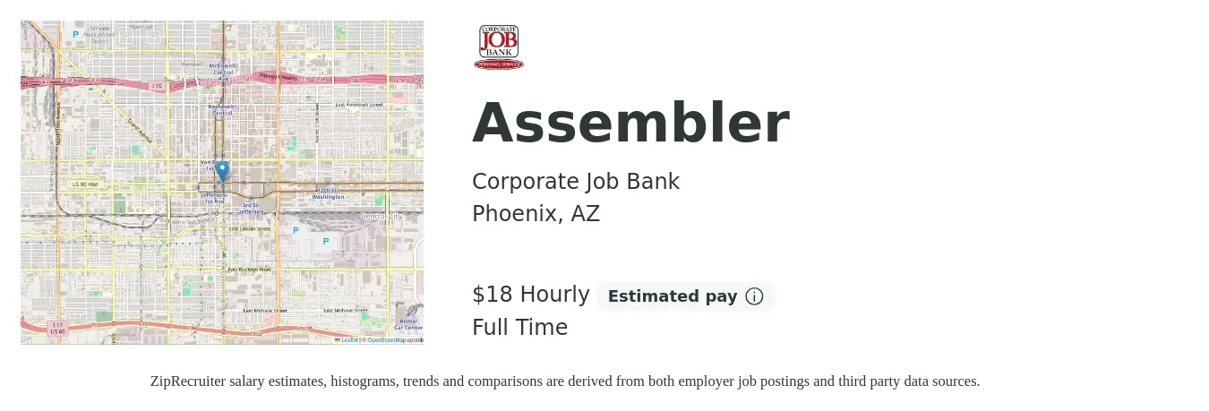 Corporate Job Bank job posting for a Assembler in Phoenix, AZ with a salary of $19 Hourly with a map of Phoenix location.