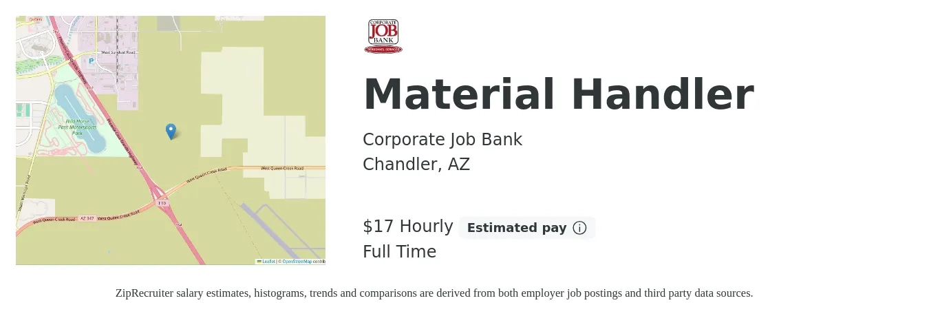 Corporate Job Bank job posting for a Material Handler in Chandler, AZ with a salary of $18 Hourly with a map of Chandler location.